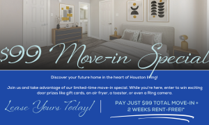 a blue and white home advertisement for the move in special at The Westmount at London Park