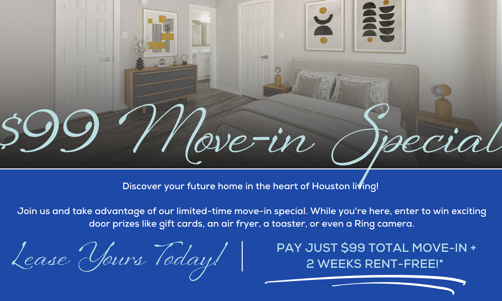 a blue and white home advertisement for the move in special at The Westmount at London Park